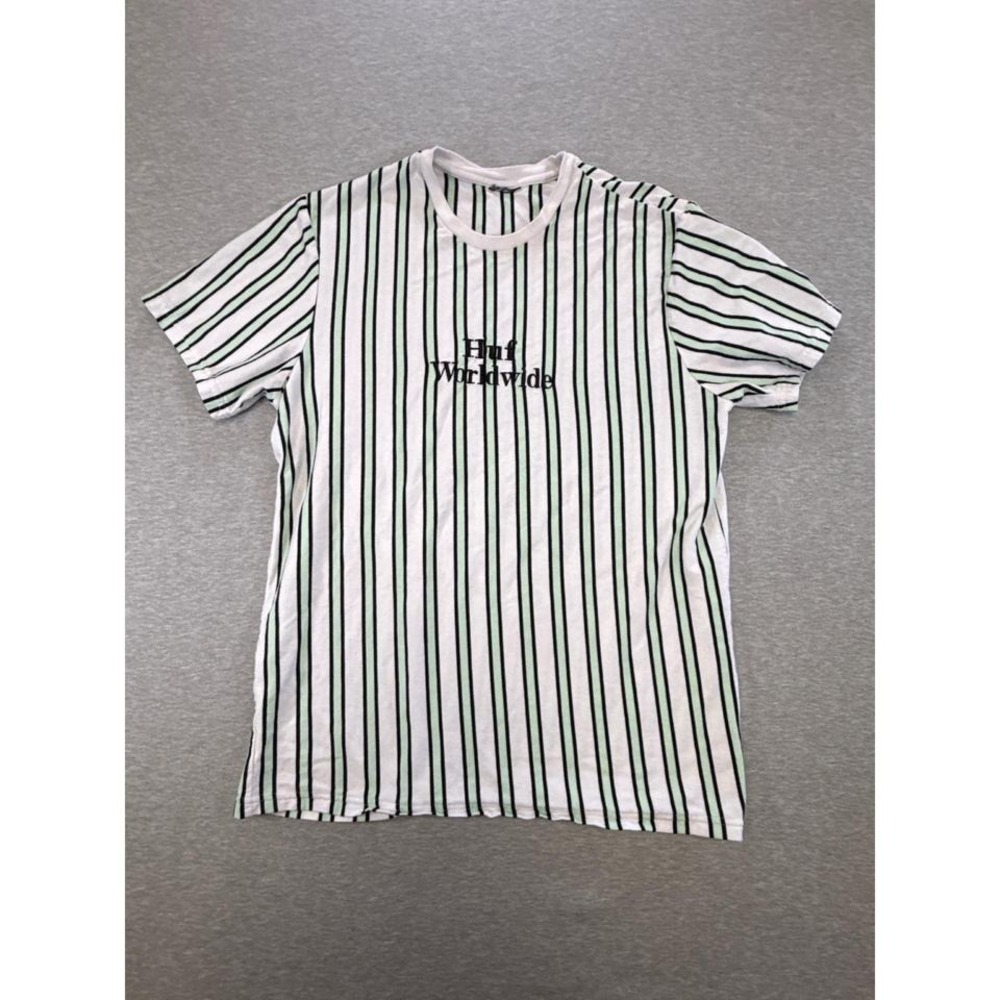 Huf Worldwide Mens Striped T-Shirt White Black Mint Green Logo Embroidered Tee